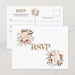 Carte Postale Boho Roses de couleur douce / Fleurs blanches RSVP