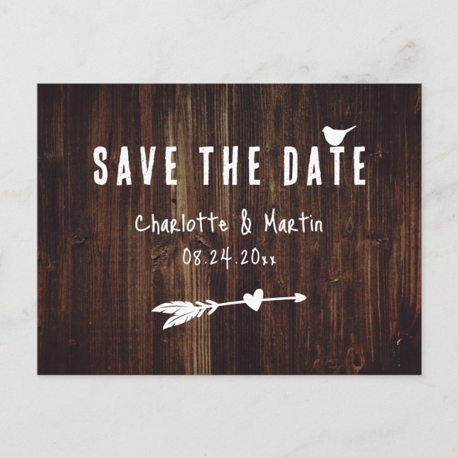 Carte Postale Boho Rustique Bois Coeur Mariage Enregistrer La Da (Devant)