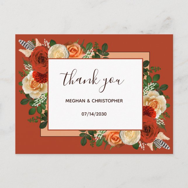 Carte Postale Boho Terracotta rouille Mariage Floral Merci (Devant)