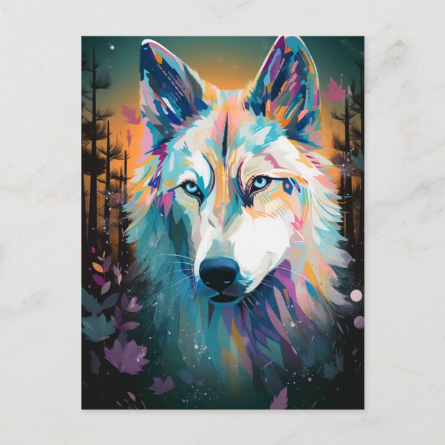 Carte postale Boho White Wolf Surreal Wildlife Art (Devant)