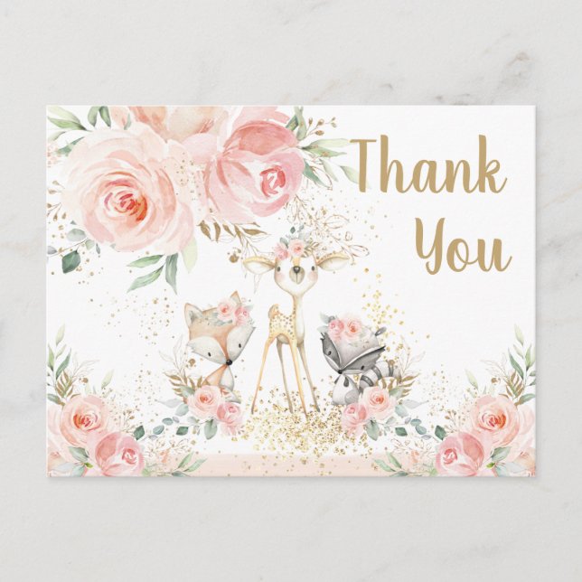 Carte Postale Bois Animaux Rose Floral Baby Merci (Devant)