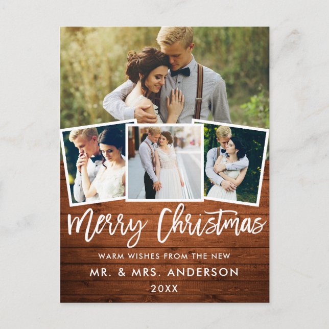 Carte Postale Bois Brush Script Mariage Noël 4 Photo (Devant)