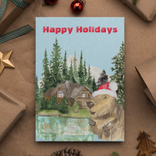 Carte Postale Bois Cabine Lac de Noël Castor Aquarelle
