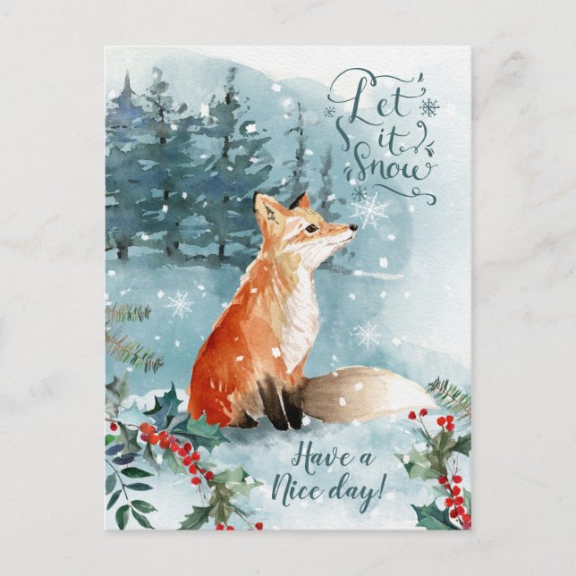 Carte Postale Bois d'hiver, renard Noël (Devant)