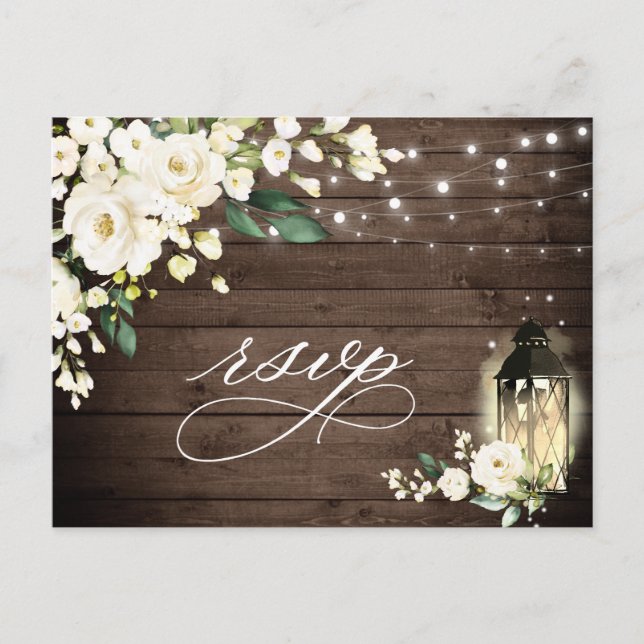 Carte Postale Bois & Roses Blanches Mariage RSVP avec choix de r (Devant)