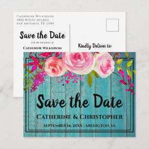 Carte Postale Bois rustique Enregistrer la date Rose Faire-part
