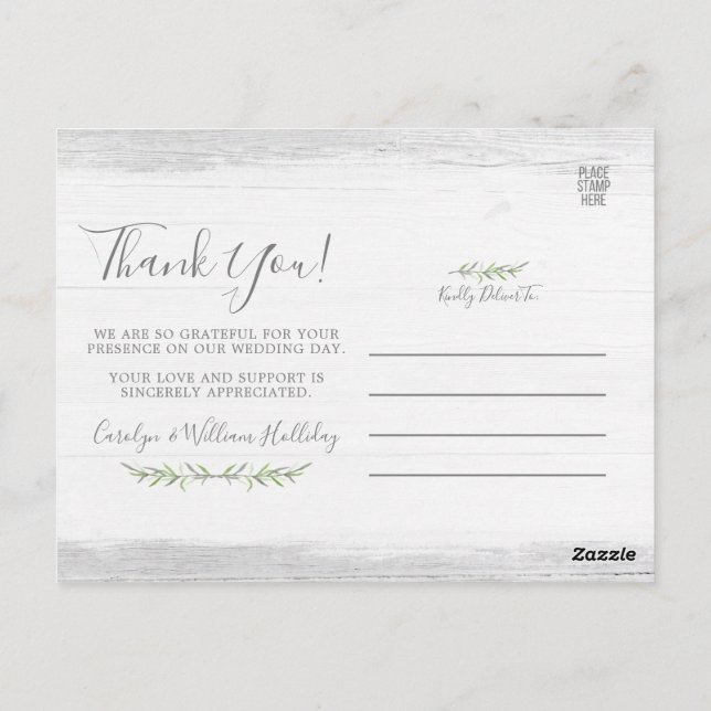 Carte Postale Bois rustique et Merci Mariage de feuilles botaniq (Dos)