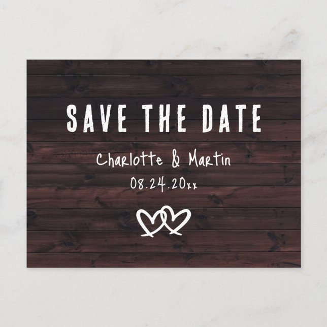 Carte Postale Bois Rustique Mariage Deux Coeurs Sauver La Date (Devant)
