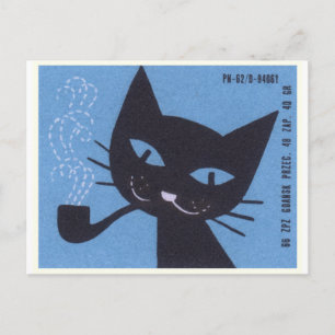 Carte Postale Boîte à Étiquette Polonaise vintage Chat Fumer tuy