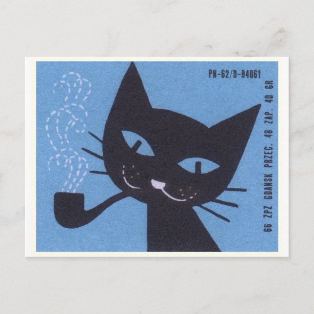 Carte Postale Boîte à Étiquette Polonaise vintage Chat Fumer tuy (Devant)