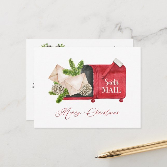 Carte Postale Boîte aux lettres Père Noël rouge avec Pinecones e (Devant/Arrière en situation)