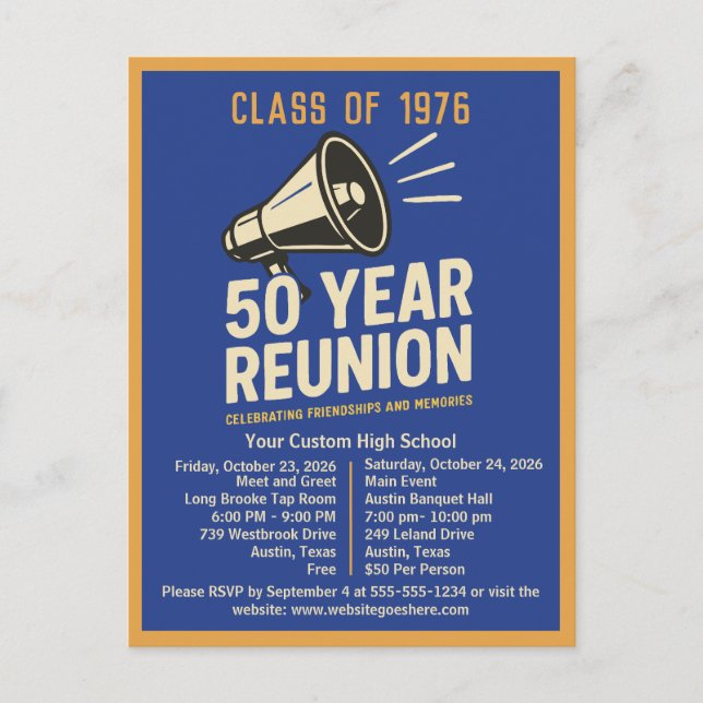 Carte Postale Bold Retro High School Reunion Pep Rally Megaphone (Devant)