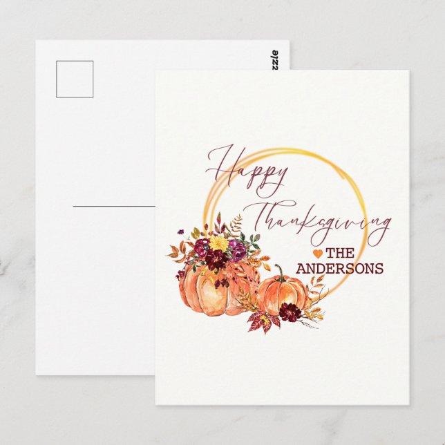 Carte Postale Bon thanksgiving Automne fleuri citrouille et feui (Devant / Derrière)