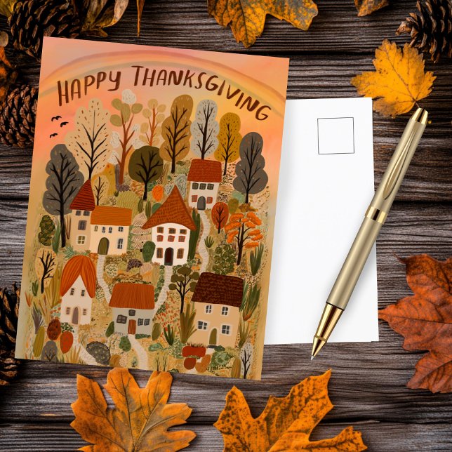 Carte Postale Bon thanksgiving Charmant Village d'automne mignon (Happy Thanksgiving Charming Autumn Village Cute Postcard
)