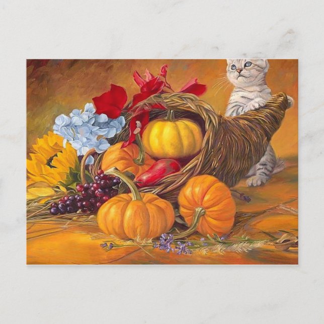 Carte Postale bon thanksgiving citrouilles de jour avec chat (Devant)