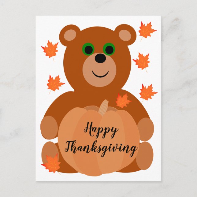 Carte Postale Bon thanksgiving mignon Ours Teddy Citrouille Feui (Devant)