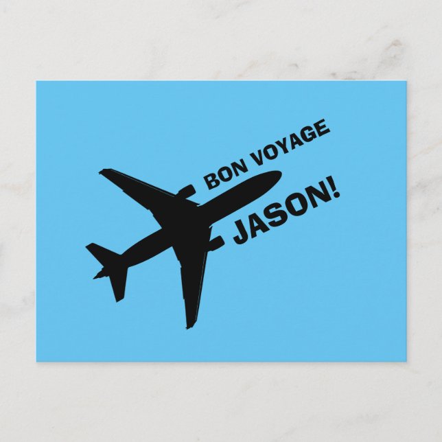Carte Postale Bon Voyage Plan sur Blue Nom personnalisé (Devant)