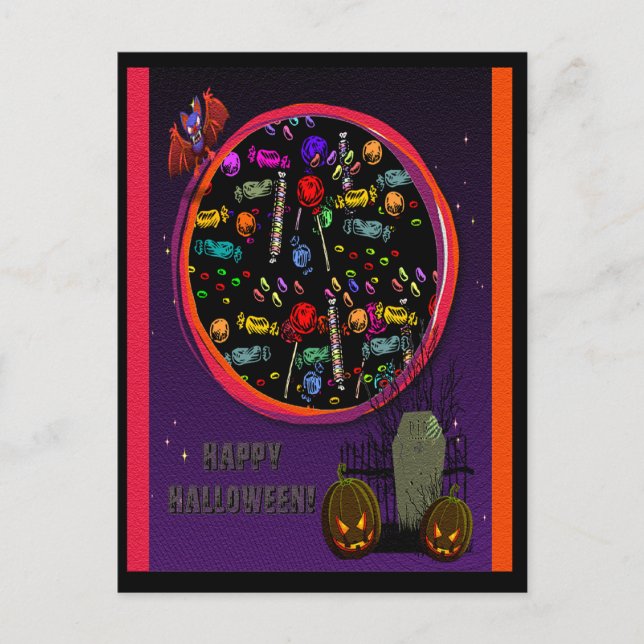 Carte Postale Bonbons, pierre tombale et Jack o' Lanterns (Devant)