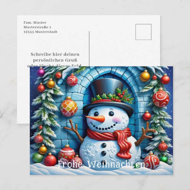 Carte Postale Bonhomme de neige avec décor de Noël. (Devant / Derrière)