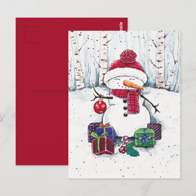 Carte Postale Bonhomme de neige avec des cadeaux en aquarelle  (Devant / Derrière)