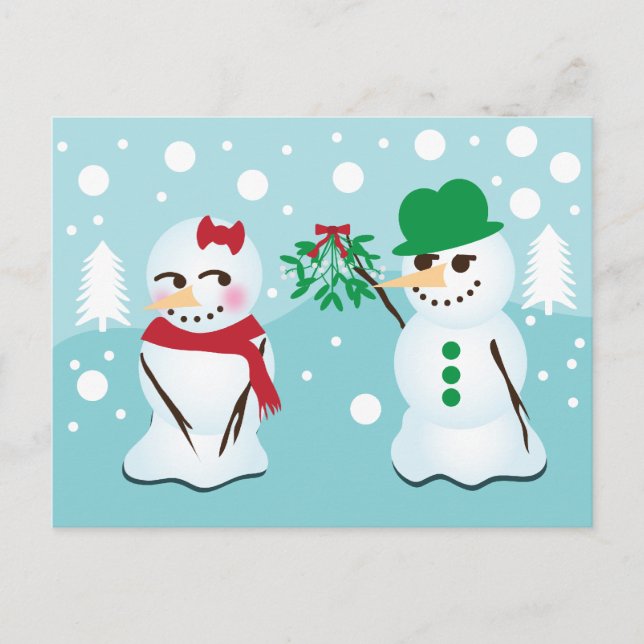 Carte Postale Bonhomme de neige avec le gui voulant un baiser (Devant)
