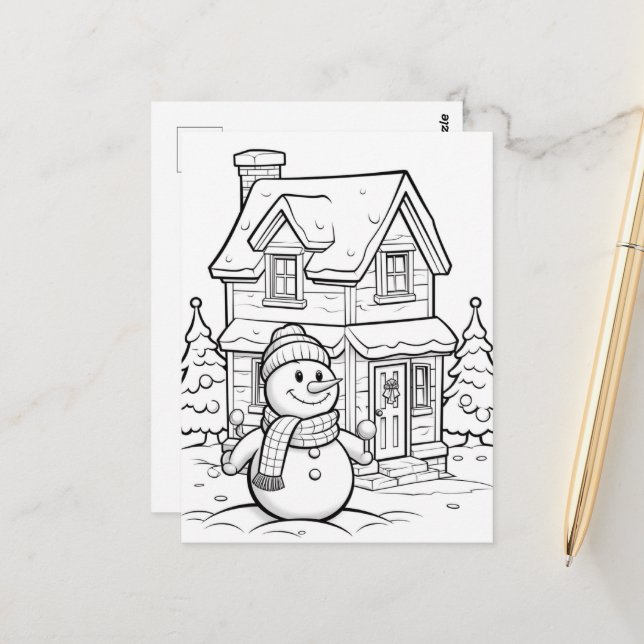 Carte Postale Bonhomme de neige festif coloriage pour enfants  (Devant/Arrière en situation)