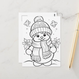 Carte Postale Bonhomme de neige festif coloriage pour enfants 