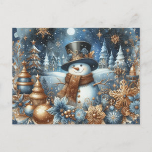 Carte Postale Bonhomme de neige heureux bleus et or design fanta
