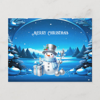 Carte Postale Bonhomme de neige joyeux dans une forêt enneigée
