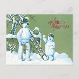 Carte Postale Bonhomme de neige Père et fils Échelle de neige Bo