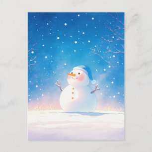 Carte Postale Bonhomme de neige souriant joyeux dans une nuit d'