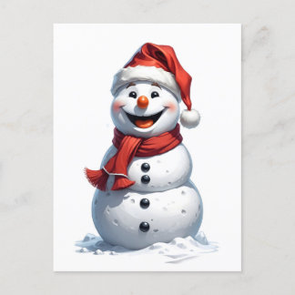 Carte Postale bonhomme de neige très heureux avec chapeau santa