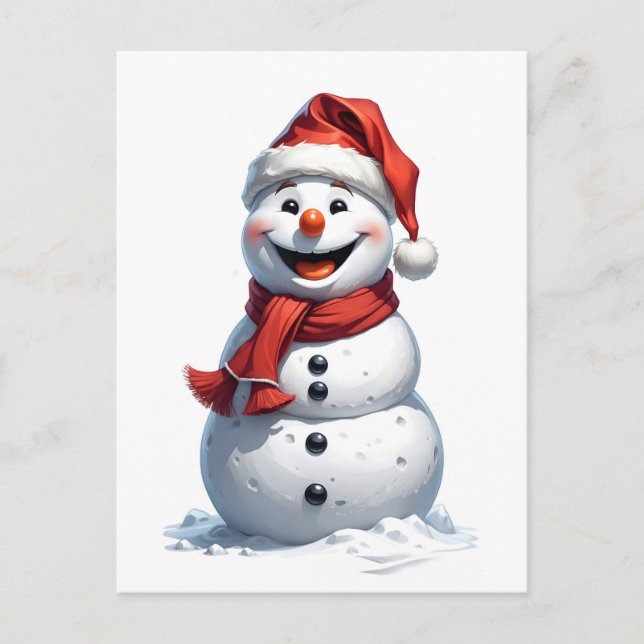 Carte Postale bonhomme de neige très heureux avec chapeau santa (Devant)
