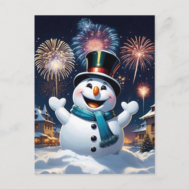 Carte Postale bonhomme de neige très heureux le jour de l'an (Devant)