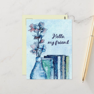Carte Postale Bonjour ami lisant des livres Bouquet de fleurs Bl