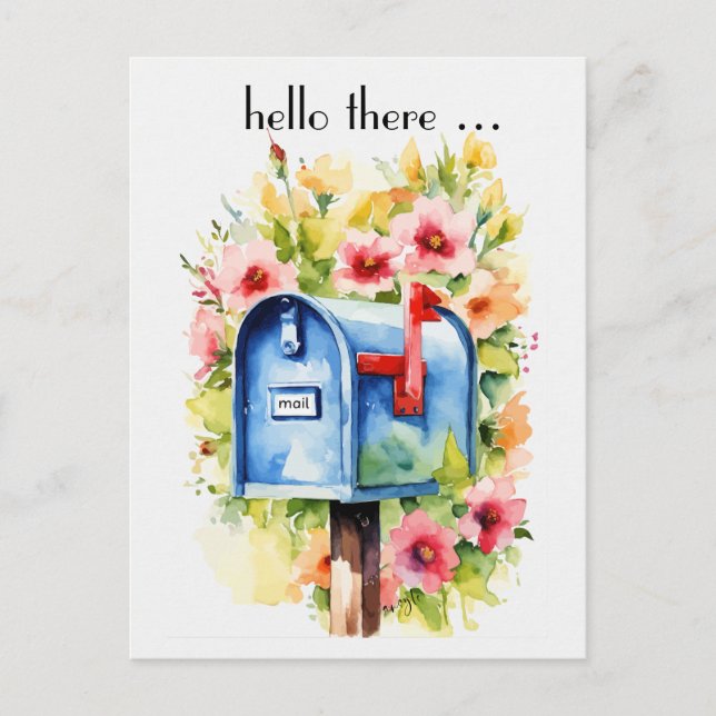 Carte Postale Bonjour, | Aquarelle de boîte aux lettres et fleur (Devant)