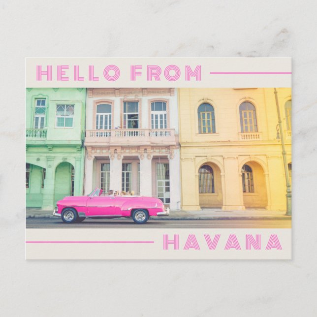 Carte Postale Bonjour de la Havane voiture rose rétro et archite (Devant)