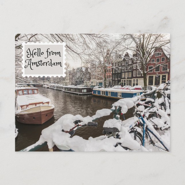 Carte Postale Bonjour depuis Amsterdam Winter Snow in the City (Devant)