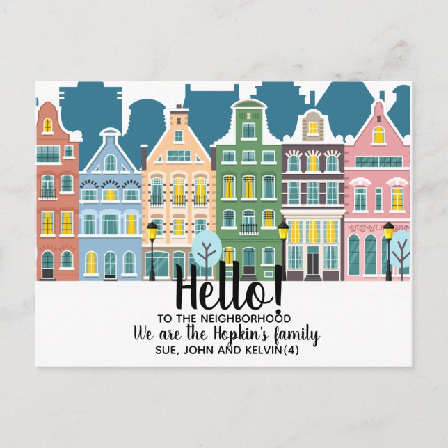 Carte Postale Bonjour, Editable Nous sommes nouveaux dans le qua (Devant)
