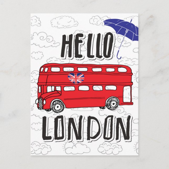 Carte Postale Bonjour Londres | Panneau Lettré main avec paraplu (Devant)