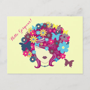 Carte Postale Bonjour, Magnifique ! Belle Dame aux Fleurs
