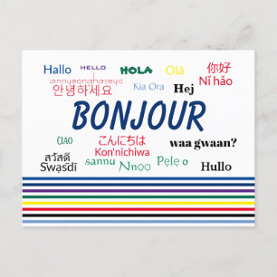 Carte Postale Bonjour plusieurs langues bandes