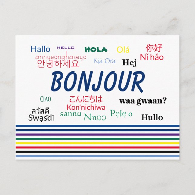 Carte Postale Bonjour plusieurs langues bandes (Devant)