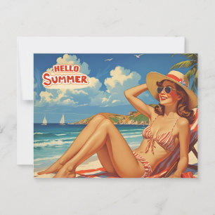 Carte Postale Bonjour Summer Retro Woman sur la plage