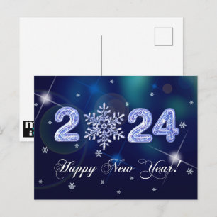 Carte Postale Bonne année 2024. Nombre de flocs de neige et de g