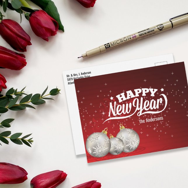 Carte Postale Bonne année | Baubles d'argent | Rouge (Créateur téléchargé)