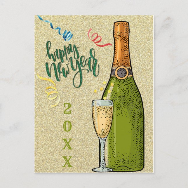 Carte Postale Bonne année Champagne Parties scintillant d'or (Devant)
