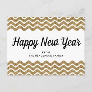 Carte Postale Bonne année paillettes dorées chevron rayures