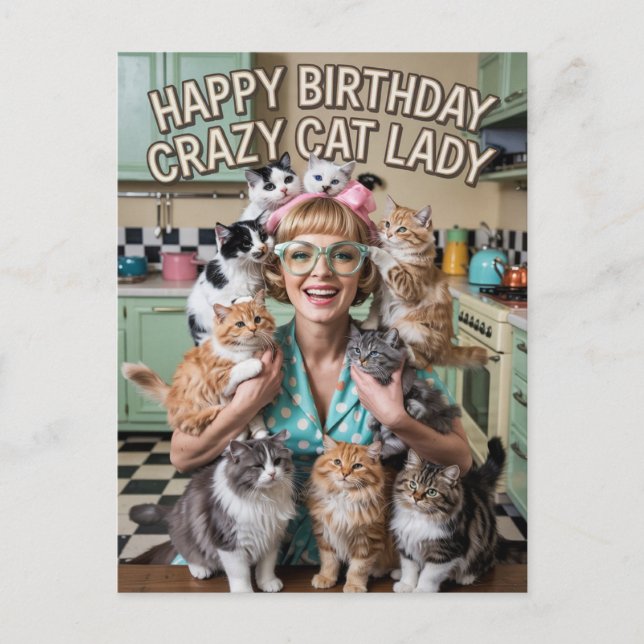 Carte Postale Bonne Anniversaire drôle rétro Crazy Cat Lady (Devant)
