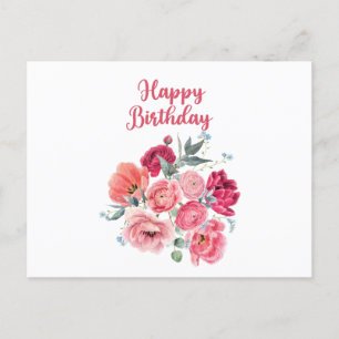 Carte Postale Bonne aquarelle d'anniversaire Fleurs rouges et ro